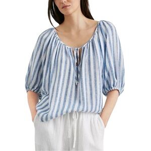 RAILS Kirstie Casablanca Stripe Blue & White Linen-Blend Peasant Blouse - S